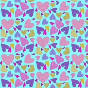 Colorful Hearts on Blue Background - Fuzzy Hearts - Yellow, Pink, and Purple Hearts