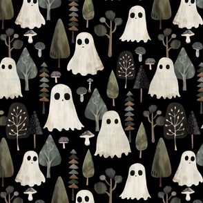 Large- Vintage Gothic: bizarre cute ghosts And whimsical trees and mushroom Dance in Dark Forest –  A Halloween Tale of Death, Creepy Evil, Mystery, Retro Mystic, Undead Zombie Occult Magic - black 