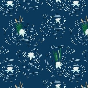 Small - Frog Pond Ripples among Lily Pads on Navy Blue