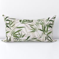 Tropical pattern. Green bamboo branches on a light beige background.