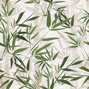 Tropical pattern. Green bamboo branches on a light beige background.