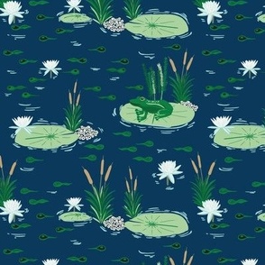 Small - Green Frog with eggs tadpoles swimming in a Navy Blue Pond