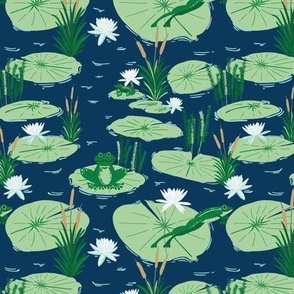 Small - Green Frogs having fun at the Navy Blue Pond