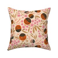 Floral forest woodland Watercolor Garden Ladybugs - Reds - Pinks - black - Flowers brown leaves. Preppy love