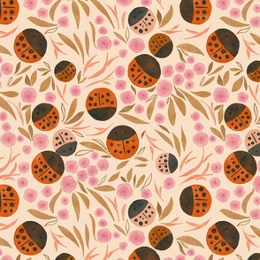 Floral forest woodland Watercolor Garden Ladybugs - Reds - Pinks - black - Flowers brown leaves. Preppy love