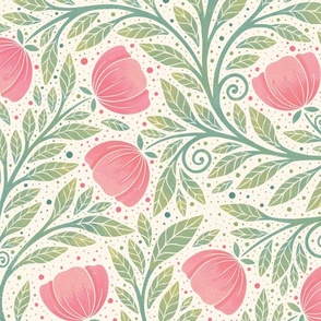 Whimsical hidden garden watercolor style - pink and green - home decor - bedding - wallpaper - curtains - delicate - floral - large.