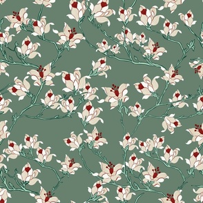 Springtime Garden of White Lily flowers - Sage green background - BIG size