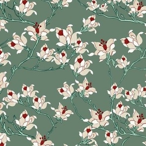 Springtime Garden of White Lily flowers - Sage green background - Small size