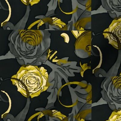 Gold roses  on a black background are used in this design.