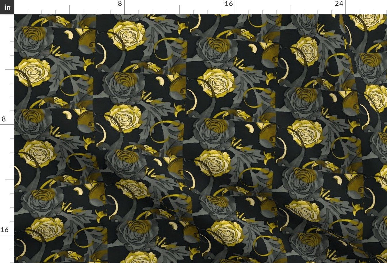 Gold roses  on a black background are used in this design.