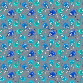 Colorful abstract pattern. Blue, green, white drop-shaped figures and dots on a gray background.