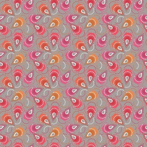 Colorful abstract pattern. Pink, orange, white drop-shaped shapes and dots on a gray background.