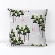 bohemian forest pine trees birds mountains shapes pink green gray 