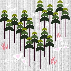 bohemian forest pine trees birds mountains shapes pink green gray 