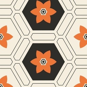 Large | Orange Star Bloom with Black and Creamy-coloured Hexagons