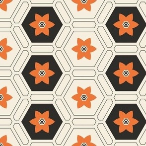 Medium | Central Orange Flower with Hexagonal Frame on Monochrome Geometry