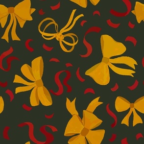 L- Festive Golden Yellow Bows & Penn Red Ribbons on Dark Background