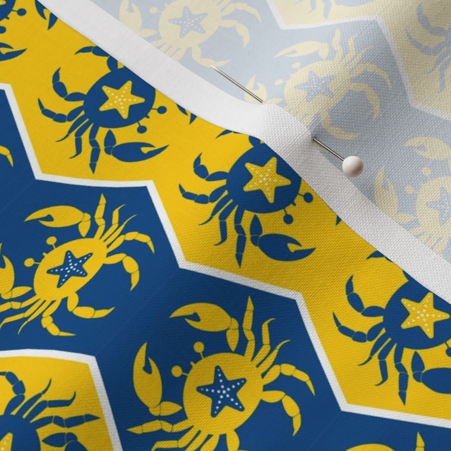 crabs on vertical stripes in blue and yellow | swedish summer fabric | small