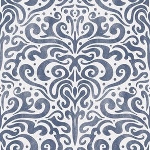 L // Modern Vintage Damask Doodle Textured Victorian Romance in Dark Blue on White