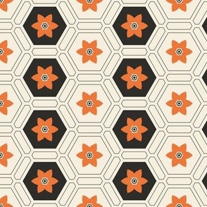 Small | Orange Flowers and Hexagon Shapes on a Beige Background