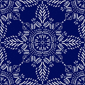 (L) Boho Painted Feathered Tile Monochromatic Coastal Blue and White