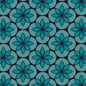 Modern Aqua Floral Pattern on Navy Blue Background (Marquise Petals)