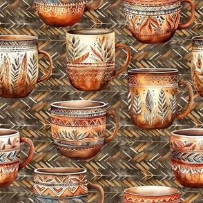 ETHNIC POTTERY PAINTED CUPS BROWN CHEVRONS FLWRHT