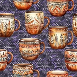 ETHNIC POTTERY PAINTED CUPS DARK PERIWINKLE CHEVRONS FLWRHT