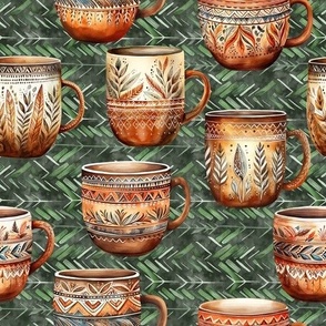 ETHNIC POTTERY PAINTED CUPS DARK SAGE GREEN CHEVRONS FLWRHT