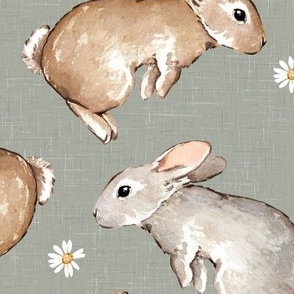 Large Scale / Easter Spring Rabbit Bunny Flower / Light Sage Linen Textured Background
