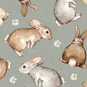 Medium Scale / Easter Spring Rabbit Bunny Flower / Light Sage Linen Textured Background