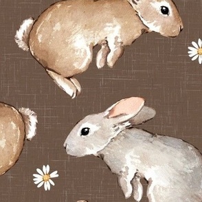 Large Scale / Easter Spring Rabbit Bunny Flower / Cocoa Brown Linen Textured Background