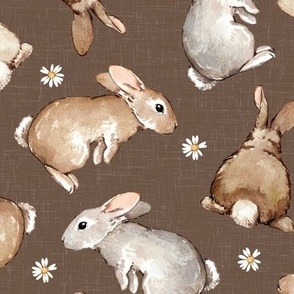 Medium Scale / Easter Spring Rabbit Bunny Flower / Cocoa Brown Linen Textured Background