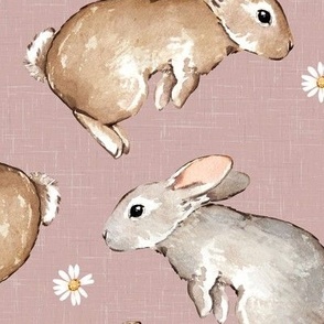 Large Scale / Easter Spring Rabbit Bunny Flower / Dusky Rose Linen Textured Background