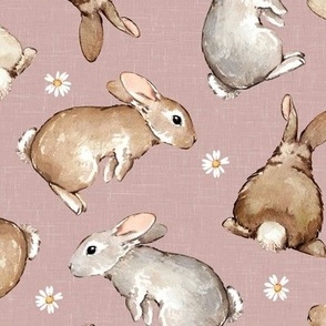 Medium Scale / Easter Spring Rabbit Bunny Flower / Dusky Rose Linen Textured Background