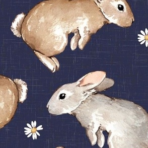 Large Scale / Easter Spring Rabbit Bunny Flower / Navy Linen Textured Background