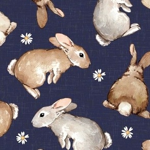 Medium Scale / Easter Spring Rabbit Bunny Flower / Navy Linen Textured Background