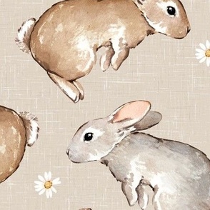 Large Scale / Easter Spring Rabbit Bunny Flower / Beige Linen Textured Background