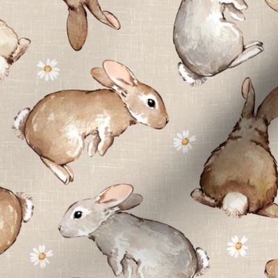 Medium Scale / Easter Spring Rabbit Bunny Flower / Beige Linen Textured Background