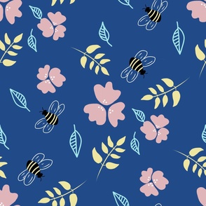 Honey Bee Spring Floral on blue - large scale