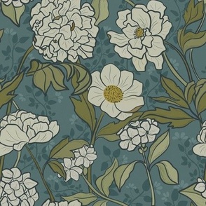 Vintage flowers arts and crafts moody white and teal tones