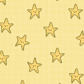 Medium - Beachy Starfish on Straw Yellow  Linen