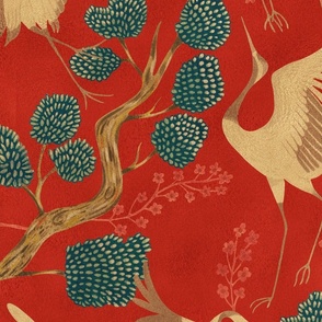 Cranes-Modern Chinoiserie (RED)