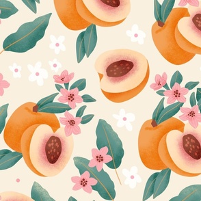 Peaches, summer fruit and pink flower (Large scale)