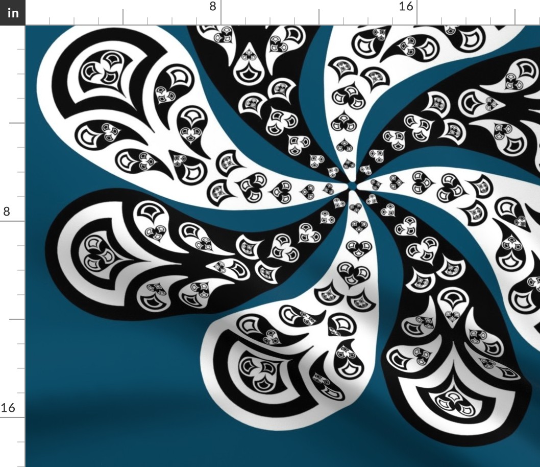 Pinwheel Totem Paisley on Cyan background - Fabric repeat 25.68", Wallpaper repeat 12""