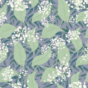 Green Leaves with white Flowers on Purple Background (L)