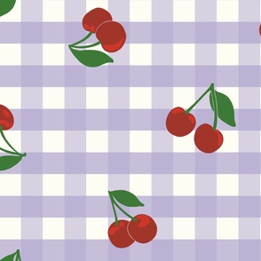 Large cherry gingham - red cherries on Digital Lavender purple and white gingham check - vicy check - checkerboard - cute vintage inspired summer picnic Buffalo check - Country checks - Gingang Genggang Jangjang - Shepherds check