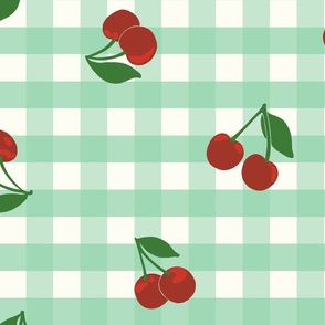 Large cherry gingham - red cherries on Jade green and white gingham check - vicy check - checkerboard - cute vintage inspired summer picnic Buffalo check - Country checks - Gingang Genggang Jangjang - Shepherds check