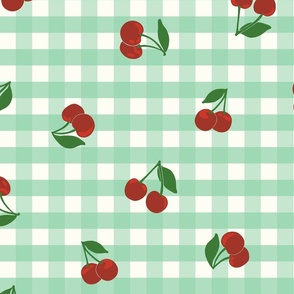 Medium cherry gingham - red cherries on Jade green and white gingham check - vicy check - checkerboard - cute vintage inspired summer picnic Buffalo check - Country checks - Gingang Genggang Jangjang - Shepherds check