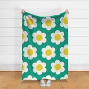 Jumbo 60s Flower Power Daisy - yellow and white on Tropical Teal green - retro floral - retro flowers - simple retro flower wallpaper - kitchy kitchen